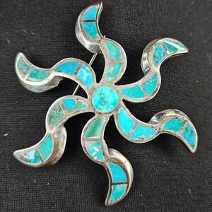 Native American Zuni Genuine Turquoise and Silver Spiritual Sunburst Brooch